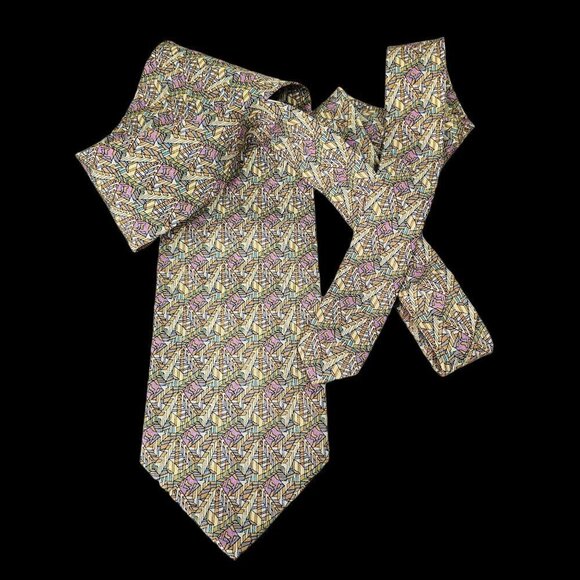 Marja Kurki Silk Tie Geometric Pattern Violet Aqua Tan Lime Green 4" W Vintage - Picture 5 of 5